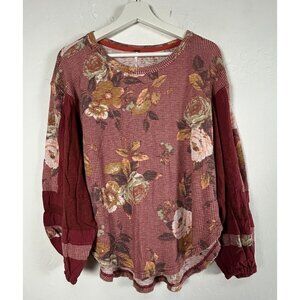 Free People Women's Floral Waffle Knitted Top Balloon Long Sleeve Size Medium